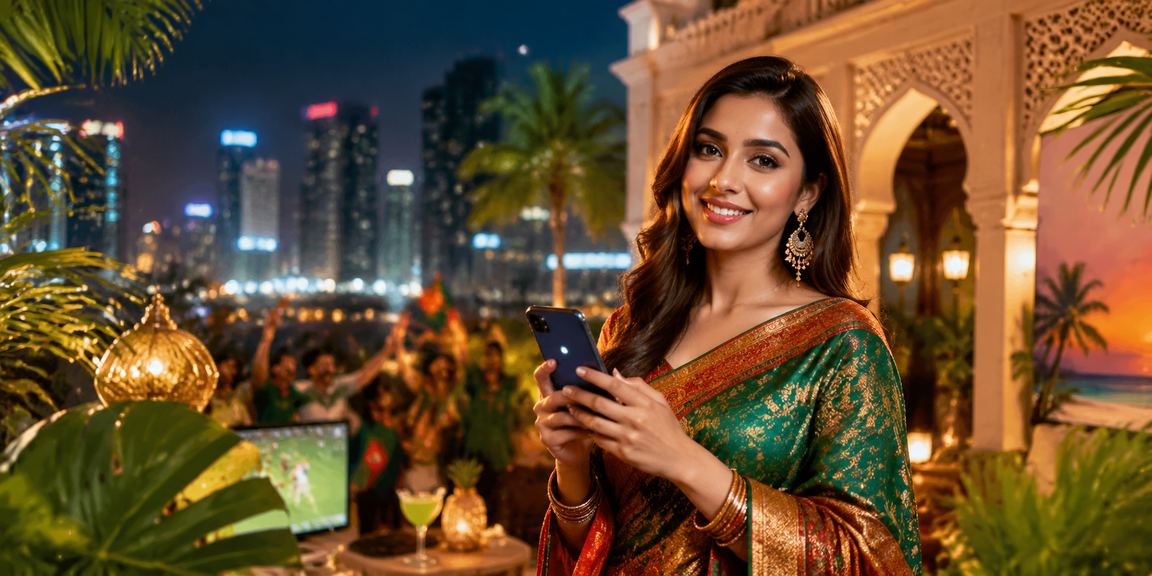 ঢাকায় শাড়ি পরিহিতা একজন নারী মোবাইলে starlink ক্যাসিনো অ্যাপ ব্যবহার করছেন